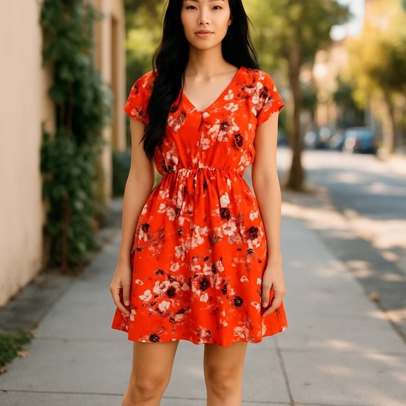 💰Staccato Red Floral Short Sleeve Dress with Drawstring Waist  - Size M - Picture 1 of 10